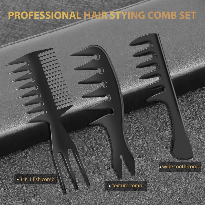 DUAIU 3Pcs Hair Styling Comb Set for Men, with Barber Accessories 3 in 1 Fish Tail Bone Shape Comb, Wide Tooth Comb, Texture Comb for Slicked-back, Quiff, Pompadour, Fauxhawk, Undercut