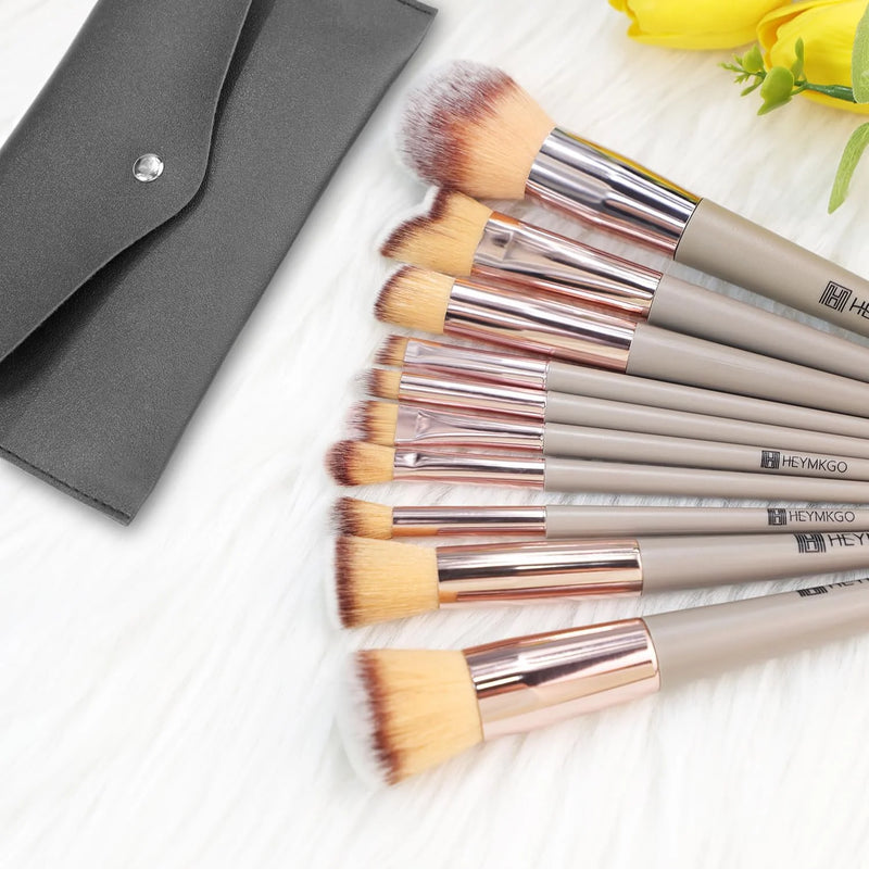 H HEYMKGO  Makeup Brushes, Conical Handle Professional Premium Synthetic Makeup Brush Set Kit With Case Bag for Blending Foundation Powder Blush Eyeshadow 10 Count Champagne Gold Xmas Gift
