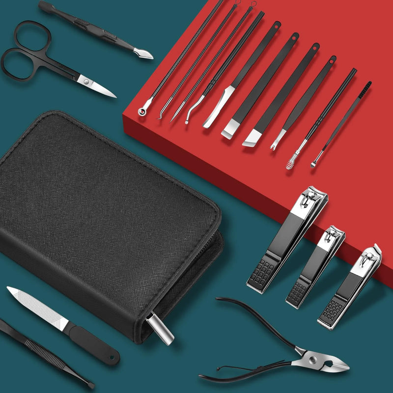 DUAIU  18pcs Nail Clipper Manicure Set for Adult Professional Stainless Steel Grooming Pedicure Kit with Travel Case Black