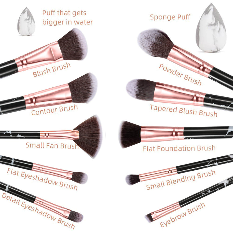 DUAIU Makeup Brushes Professional Marble Makeup Brush Set, Soft and Odor-free Natural Synthetic Bristles,10pcs Makeup Brush + 2 Makeup Sponge + Cosmetics Bag (Black)