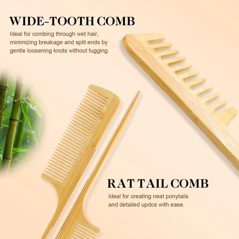 DUAIU 5-Piece Bamboo Hair Brush Set - Large Cushion Comb, Wide/Fine Tooth & Rolling Combs | No-Bristle Detangling for Thick/Thin/Curly/Dry Hair | Gift Kit for Women/Men/Kids