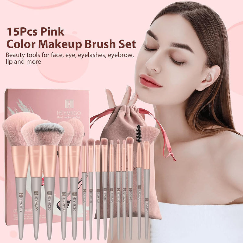 DUAIU Makeup Brushes Set, 15Pcs Makeup Brush Set Premium Synthetic Bristles Conical Handle Kabuki Foundation Face Brushes for Liquid Powder Buffing Blending Contouring With Travel Pouch (Pink)