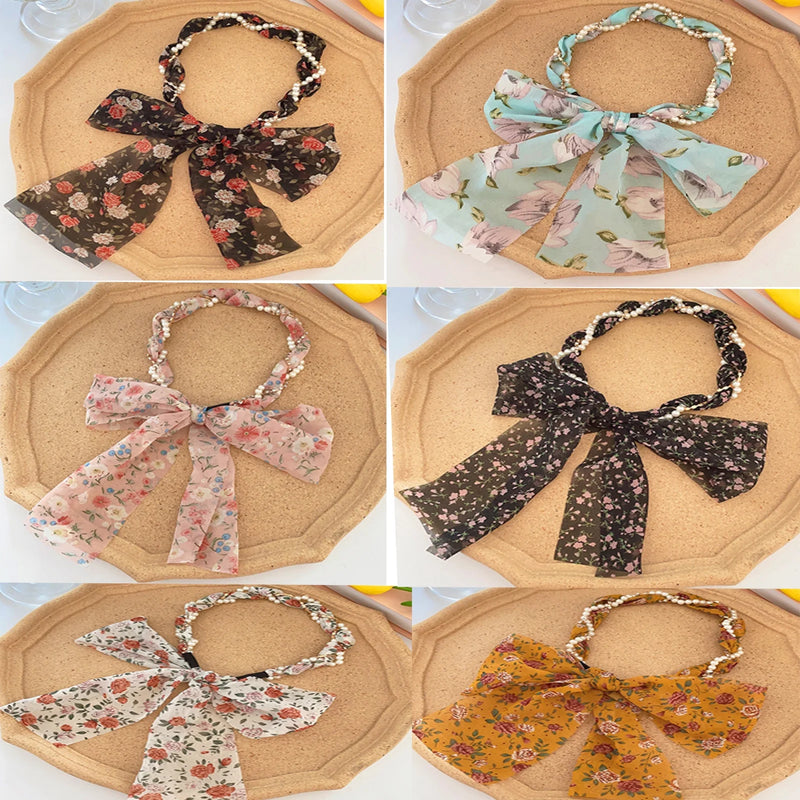 DUAIU 6-Piece Pearl Floral Headbands Set - Knotted Wide Hairbands with Bows | 6 Bohemian Print Styles for Women & Girls | Stretchable Hair Hoops for Women’s Fashion Accessories