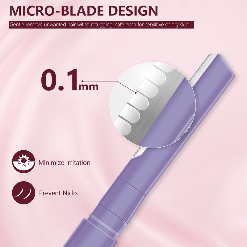 7-Piece Women's Eyebrow Razor Set - 4 Long & 2 Short Eyebrow Razors and Tweezers | Dermaplaning Tool for Face & Eyebrows | Peach Fuzz & Facial Hair Removal | High Precision Blades (Purple)