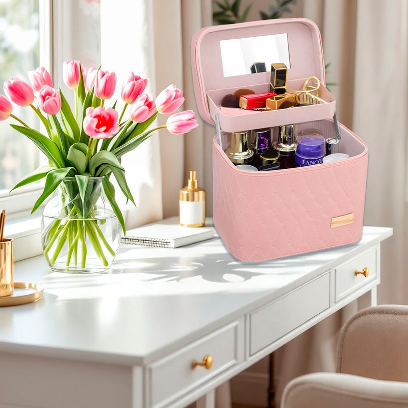 DUAIU Double Layer Makeup Organizer - PU Leather Cosmetic Bag with Mirror and Handle,Waterproof Travel Makeup Case,Portable Toiletry Bag with Compartments (Pink)