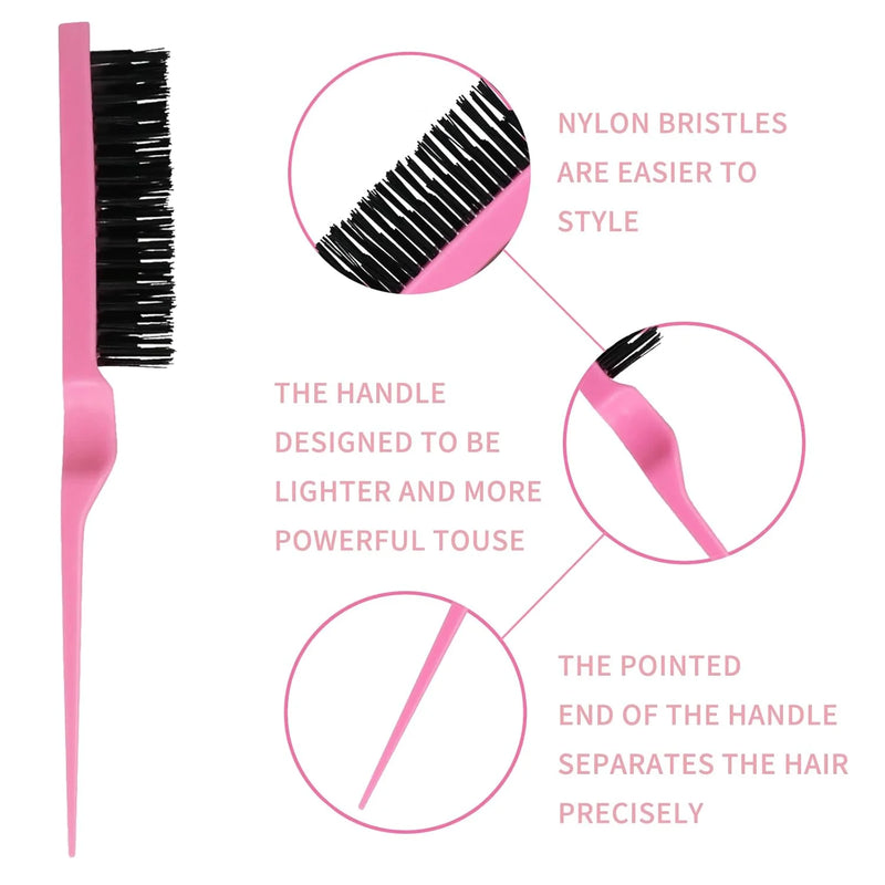 DUAIU 8-Piece Hair Brush Set for Women,Slick & Edge Brushing Kit,Includes Bristle Brush,Teasing Comb,Rat Tail Comb, Alligator Clips,Styling Essentials for Curly/Straight Hair (Pink)