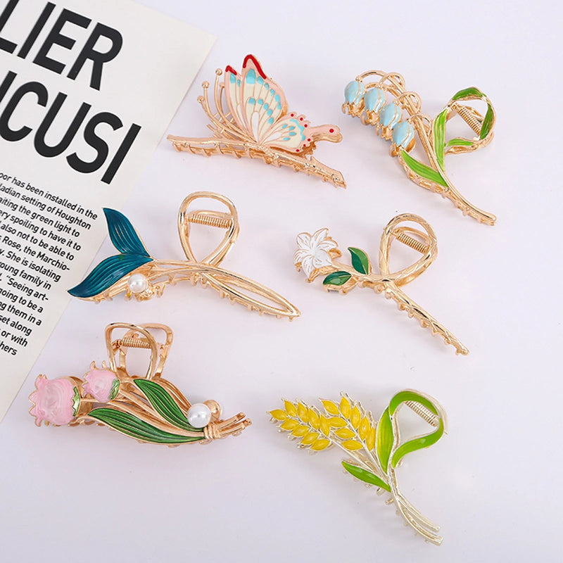 DUAIU 6-Piece Floral Hair Claw Clips - Large Metal Non-Slip Jaw Clips for Women & Girls | Strong Hold Barrettes for Long/Thin/Curly Hair | Fashion Hair Accessories