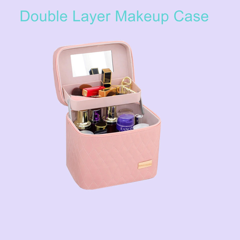 DUAIU Double Layer Makeup Organizer - PU Leather Cosmetic Bag with Mirror and Handle,Waterproof Travel Makeup Case,Portable Toiletry Bag with Compartments (Pink)