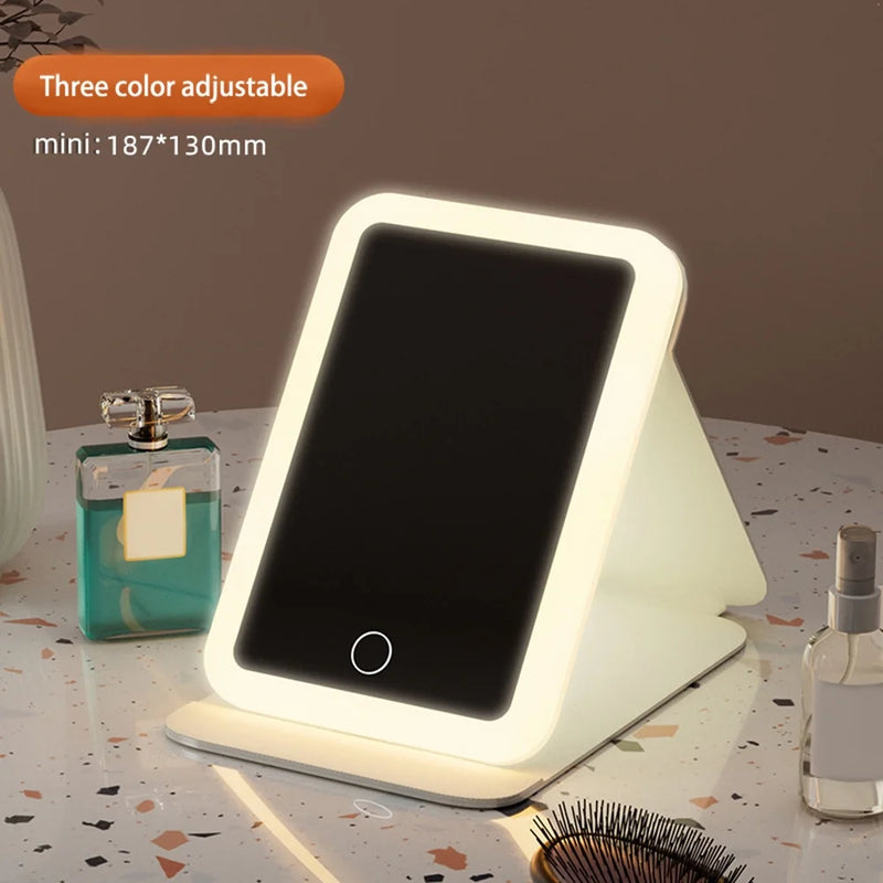 Makeup Mirror DUAIU Foldable LED Makeup Mirror with Light Supplementary Mirror Portable Desktop Bedroom Makeup Rechargeable Mirror Vanity Mirror(White)