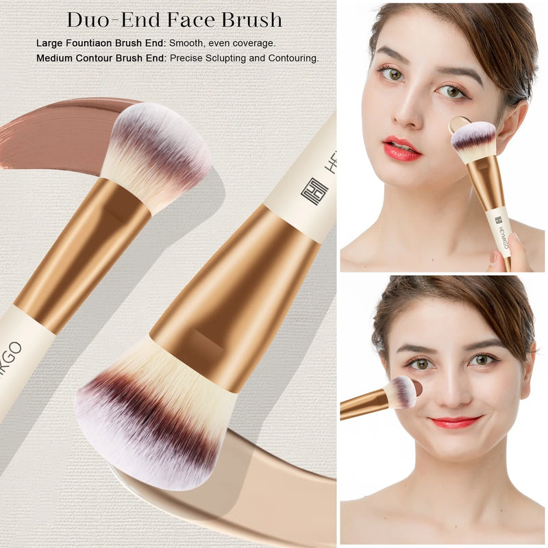 HEYMKGO Makeup Brushes Duo End Foundation Powder Buffer and Contour Brush Synthetic Cosmetic Tools 4Pcs