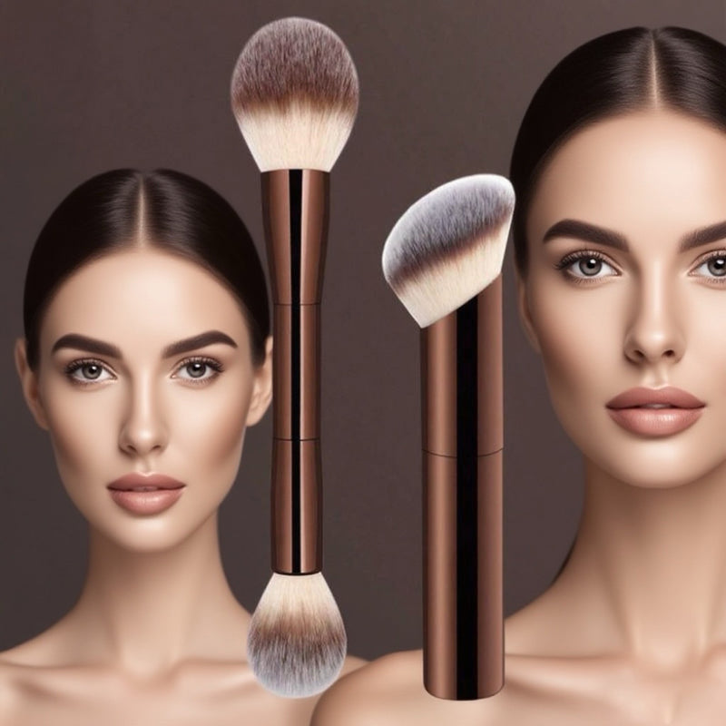 DUAIU 2Pcs Foundation Makeup Brush Set Double-ended Kabuki Brush Contour Brush for Liquid Powder Concealer Cream Cosmetics Blending Blush Face Makeup Tools Kit (Coffee)