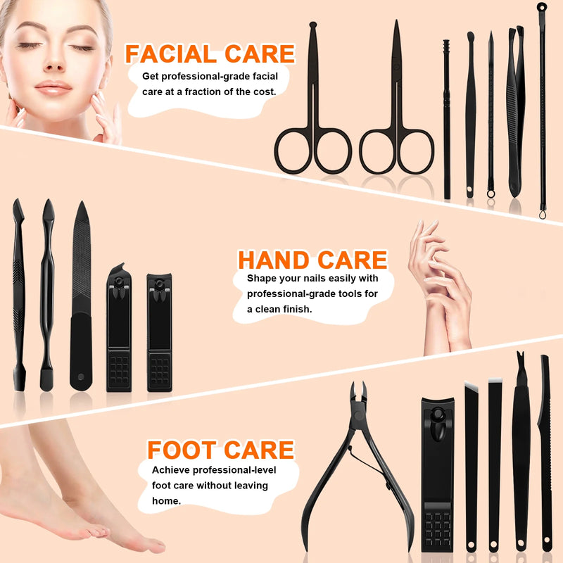 DUAIU Manicure Cutters Nail Clipper Set Household Stainless Steel Ear Spoon Nail Clippers Pedicure Nail Scis,Black leather 18pcs
