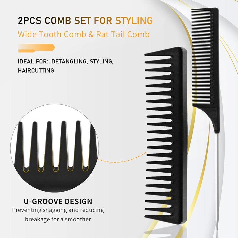 DUAIU 5-Piece Hair Brush Set - Paddle Brush, Round Quiff & Wide Tooth Combs for Men/Women | Wet/Dry Use on Curly/Thick/Thin Hair | No-Tangle Styling Tools (Includes Rat Tail Comb)