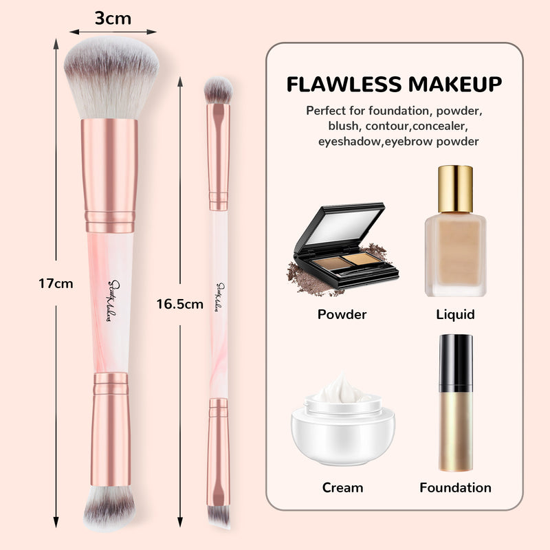 DUAIU 2-Piece Double Headed Makeup Brush Set - Kabuki & Blush Brush Foundation, Eyeshadow & Powder Brush Premium Synthetic Face Makeup Brushes (Pink)