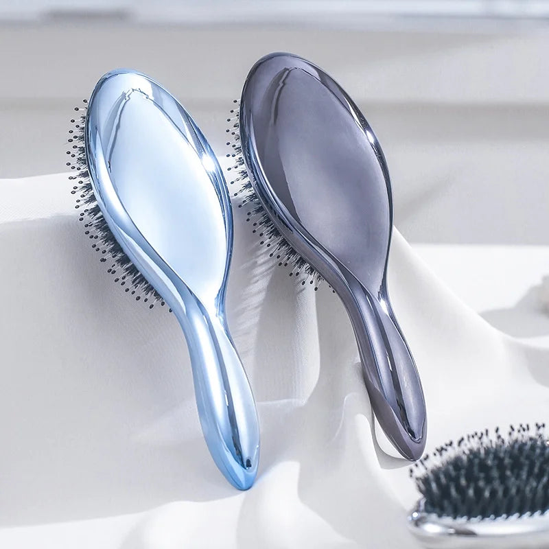 DUAIU Electroplated Boar Bristle Hair Brush - Air Cushion Paddle Brush for Long/Thick/Wavy Hair | Anti-Static & Massage Scalp | Professional Detangling Brush for Hair Extensions,Blue