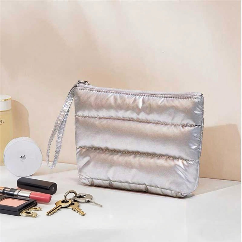 DUAIU Puffy Quilted Makeup Bag - Large Capacity Travel Cosmetic Organizer with Checkered Design, Cute Aesthetic Toiletry Pouch for Brushes & Skincare (Silver, Classic Stripes)