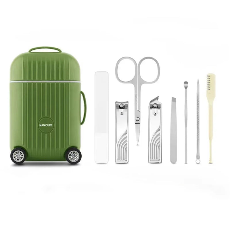 DUAIU 8Pcs Nail Clipper Set Home Manicure Nail Nursing Tool Stainless Steel Nails Clippers Simple Practical Tools Mini Luggage Storage Box (Green)