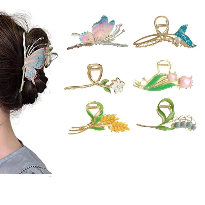 DUAIU 6-Piece Floral Hair Claw Clips - Large Metal Non-Slip Jaw Clips for Women & Girls | Strong Hold Barrettes for Long/Thin/Curly Hair | Fashion Hair Accessories