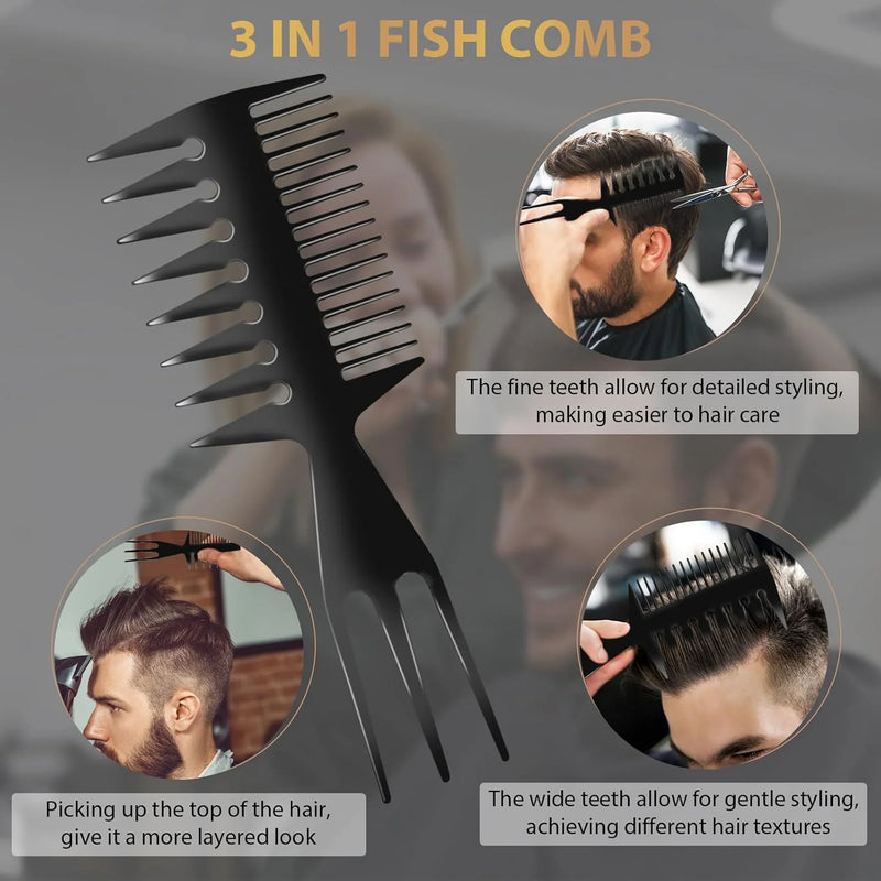 DUAIU 3Pcs Hair Styling Comb Set for Men, with Barber Accessories 3 in 1 Fish Tail Bone Shape Comb, Wide Tooth Comb, Texture Comb for Slicked-back, Quiff, Pompadour, Fauxhawk, Undercut