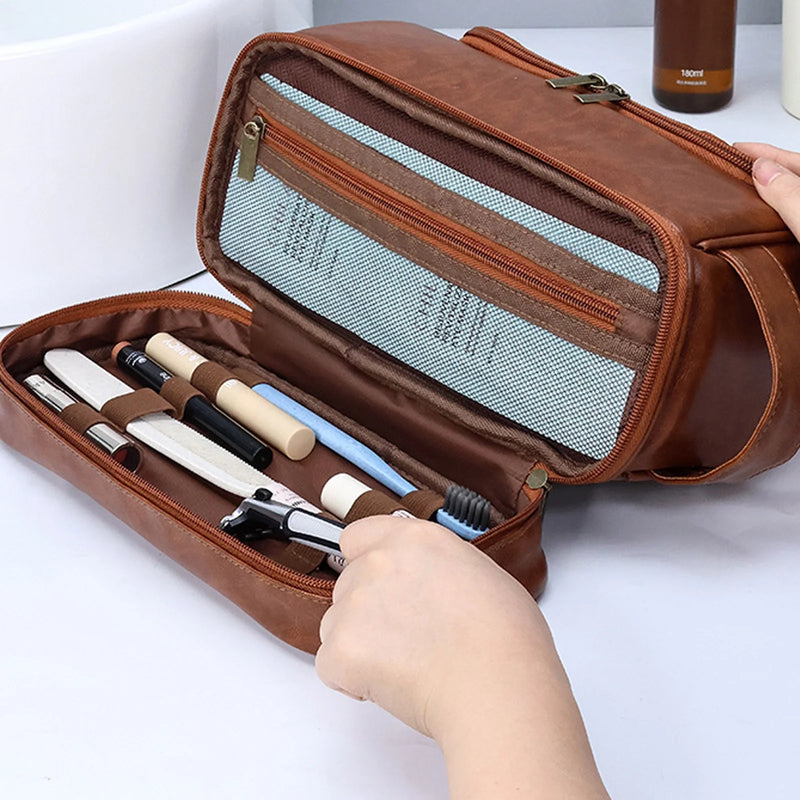 DUAIU Men's Toiletry Bag - Large Waterproof Travel Organizer with Hook,Premium Leather Toiletries Storage Bag for Personal Care,Stylish Strong-Best Gift for Men