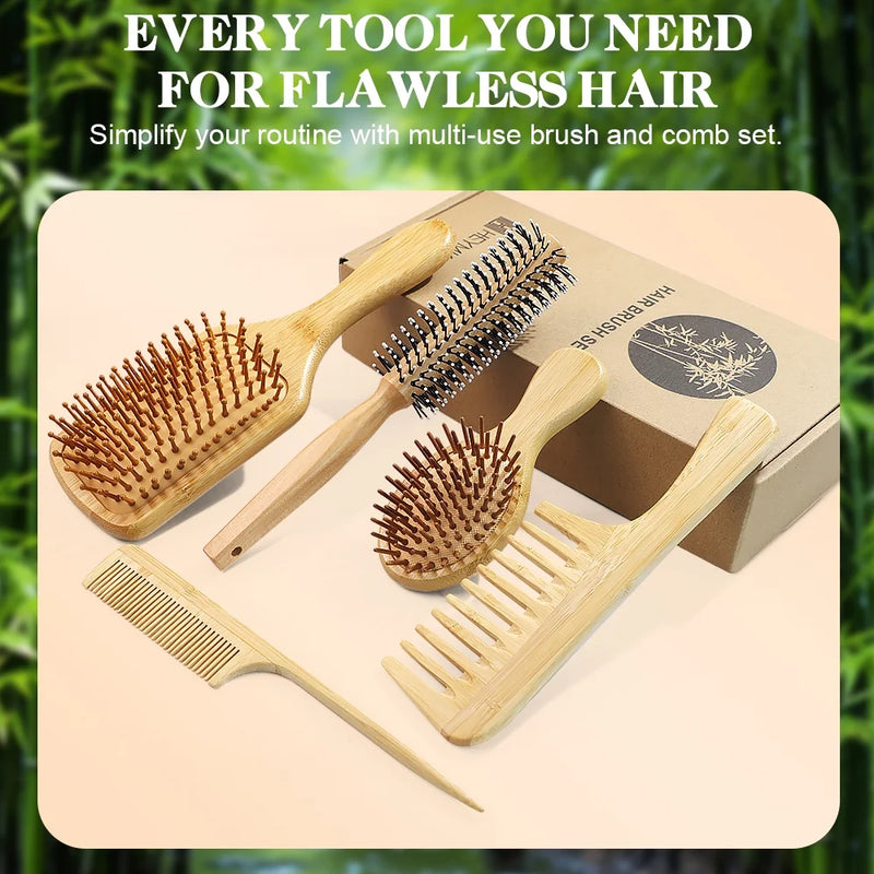 DUAIU 5-Piece Bamboo Hair Brush Set - Large Cushion Comb, Wide/Fine Tooth & Rolling Combs | No-Bristle Detangling for Thick/Thin/Curly/Dry Hair | Gift Kit for Women/Men/Kids