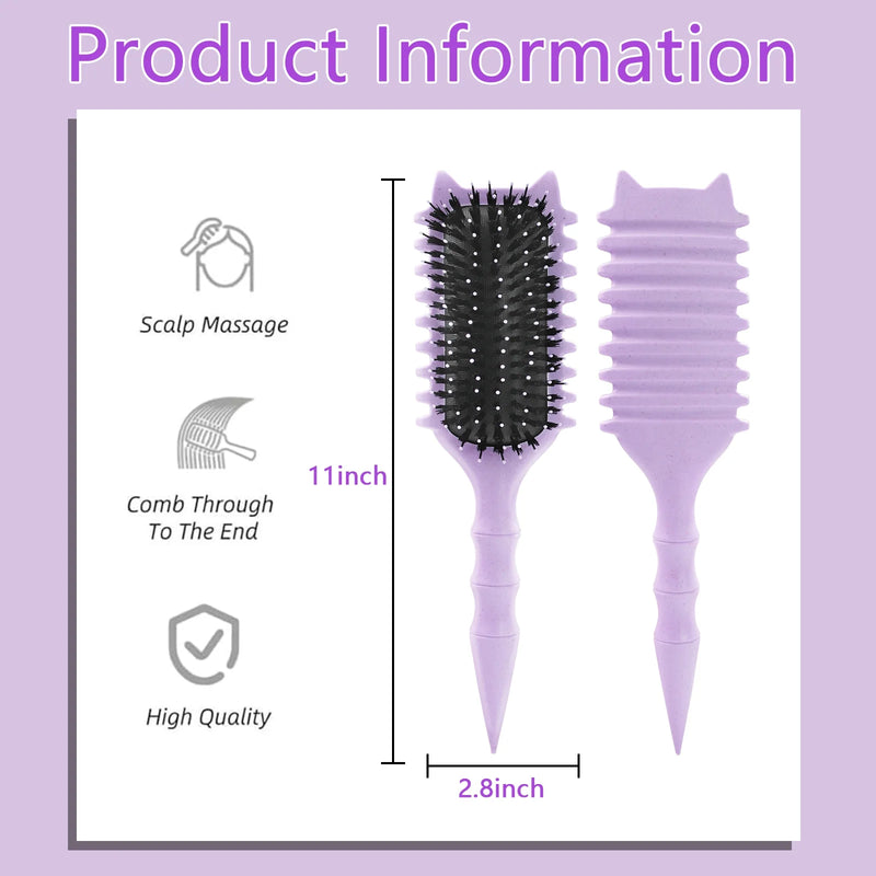 DUAIU Curly Hair Brush with Boar Bristles & Wheat Straw Handle - Cat Ear Design Curl Defining Brush for Frizz-Free Styling, Bamboo Joint Handle Reduces Pulling for Defined Curls (Purple)
