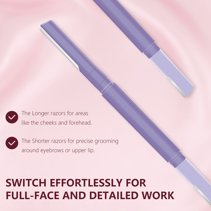 7-Piece Women's Eyebrow Razor Set - 4 Long & 2 Short Eyebrow Razors and Tweezers | Dermaplaning Tool for Face & Eyebrows | Peach Fuzz & Facial Hair Removal | High Precision Blades (Purple)