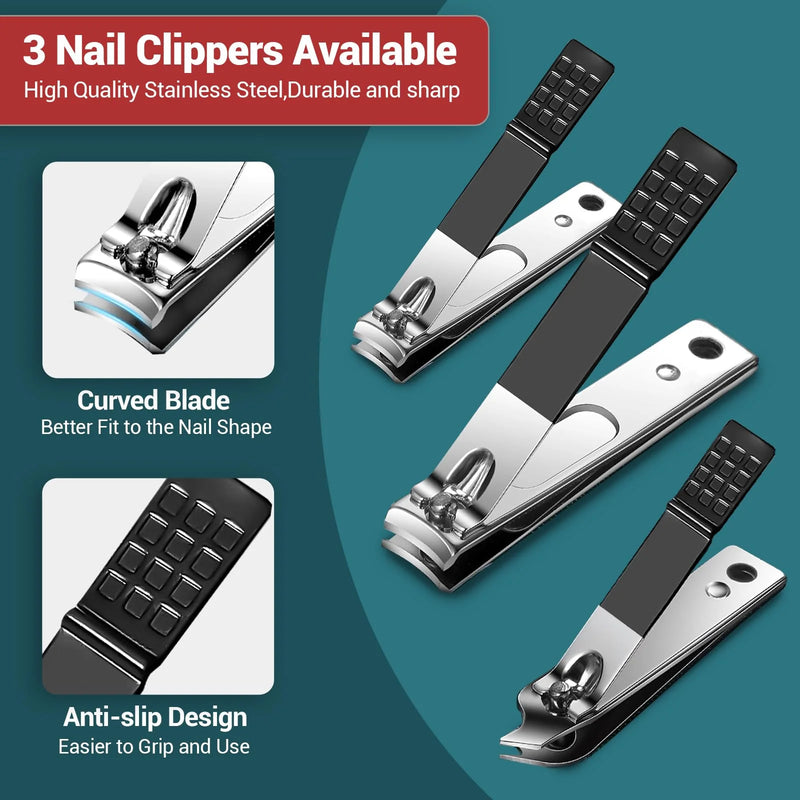 DUAIU  18pcs Nail Clipper Manicure Set for Adult Professional Stainless Steel Grooming Pedicure Kit with Travel Case Black