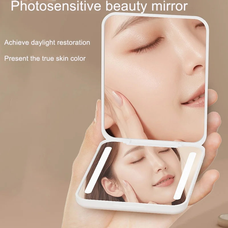 DUAIU Portable Pocket Mirror,2X Magnification LED Compact Travel Makeup Mirror with Light, 2-Sided, Portable, Folding, Handheld, Small Lighted Mirror for Gift,Pink