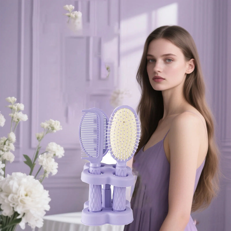 DUAIU 4 Pcs Hair Combs Set,Professional Salon Hair Cutting Brushes Sets Salon Hairdressing Styling Tool Mirror And Holder Stand Set Dressing Comb Kits for Women Girls,Purple