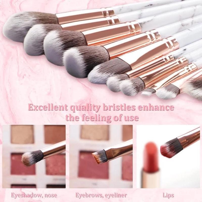 DUAIU 10PCS Marble Makeup Brush Set Blush Foundation Eyeshadow Brushes with 2 Makeup Sponge,White