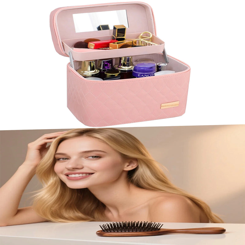 DUAIU Double Layer Makeup Organizer - PU Leather Cosmetic Bag with Mirror and Handle,Waterproof Travel Makeup Case,Portable Toiletry Bag with Compartments (Pink)