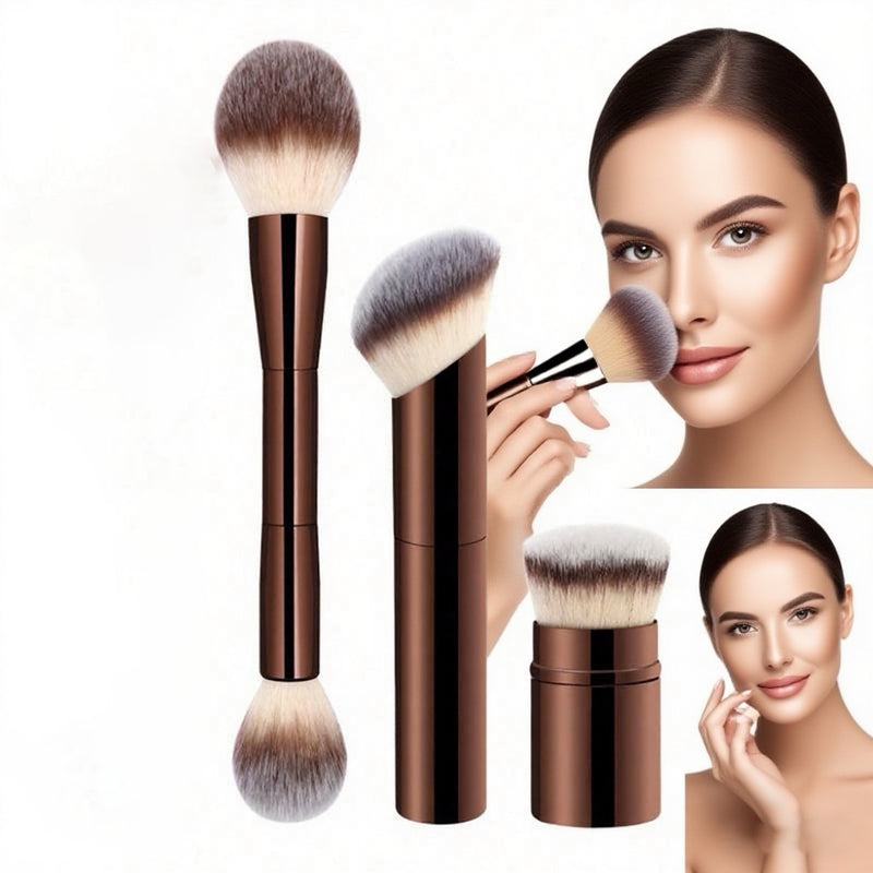 DUAIU 3Pcs Foundation Makeup Brush Set Double-ended Kabuki Brush Contour Brush for Liquid Powder Concealer Cream Cosmetics Blending Blush Face Makeup Tools Kit (Coffee)