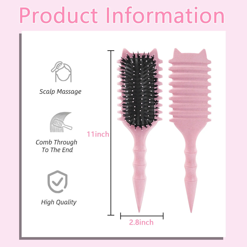 DUAIU Curly Hair Brush with Boar Bristles & Wheat Straw Handle - Cat Ear Design Curl Defining Brush for Frizz-Free Styling, Bamboo Joint Handle Reduces Pulling for Defined Curls (Pink)