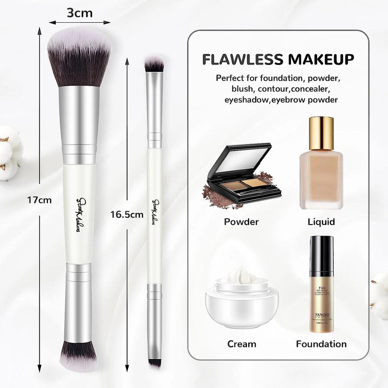 DUAIU Foundation Brush 2 pcs Dual-ended 2-in-1 Kabuki Makeup Brushes Blush Brush Eye Shadow Brush Loose Powder Brush Premium Face Makeup Brushes Beauty Tools (White)