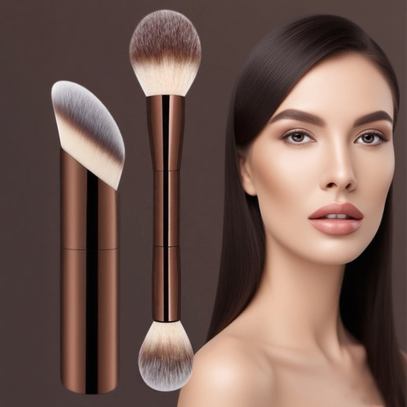 DUAIU 2Pcs Foundation Makeup Brush Set Double-ended Kabuki Brush Contour Brush for Liquid Powder Concealer Cream Cosmetics Blending Blush Face Makeup Tools Kit (Coffee)
