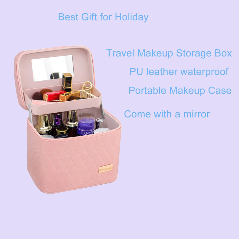 DUAIU Double Layer Makeup Organizer - PU Leather Cosmetic Bag with Mirror and Handle,Waterproof Travel Makeup Case,Portable Toiletry Bag with Compartments (Pink)