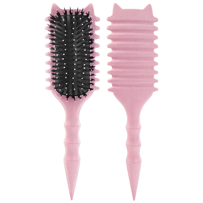 DUAIU Curly Hair Brush with Boar Bristles & Wheat Straw Handle - Cat Ear Design Curl Defining Brush for Frizz-Free Styling, Bamboo Joint Handle Reduces Pulling for Defined Curls (Pink)