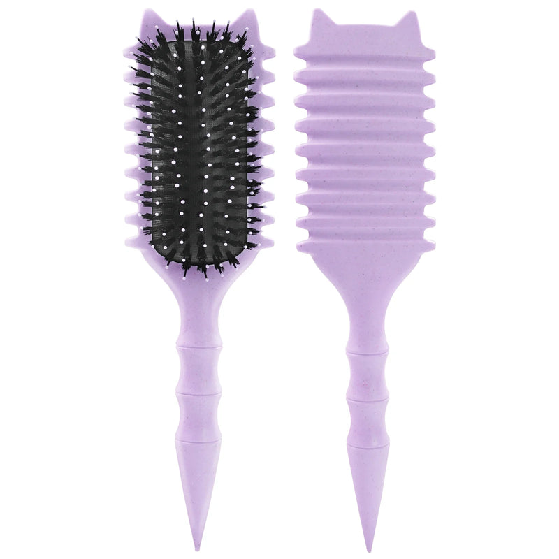 DUAIU Curly Hair Brush with Boar Bristles & Wheat Straw Handle - Cat Ear Design Curl Defining Brush for Frizz-Free Styling, Bamboo Joint Handle Reduces Pulling for Defined Curls (Purple)