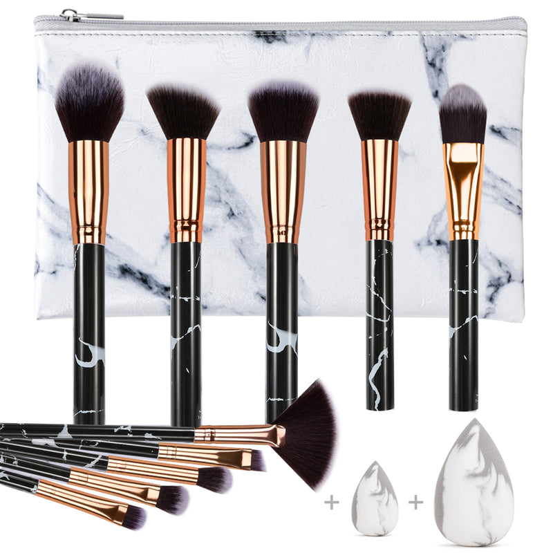 DUAIU Makeup Brushes Professional Marble Makeup Brush Set, Soft and Odor-free Natural Synthetic Bristles,10pcs Makeup Brush + 2 Makeup Sponge + Cosmetics Bag (Black)