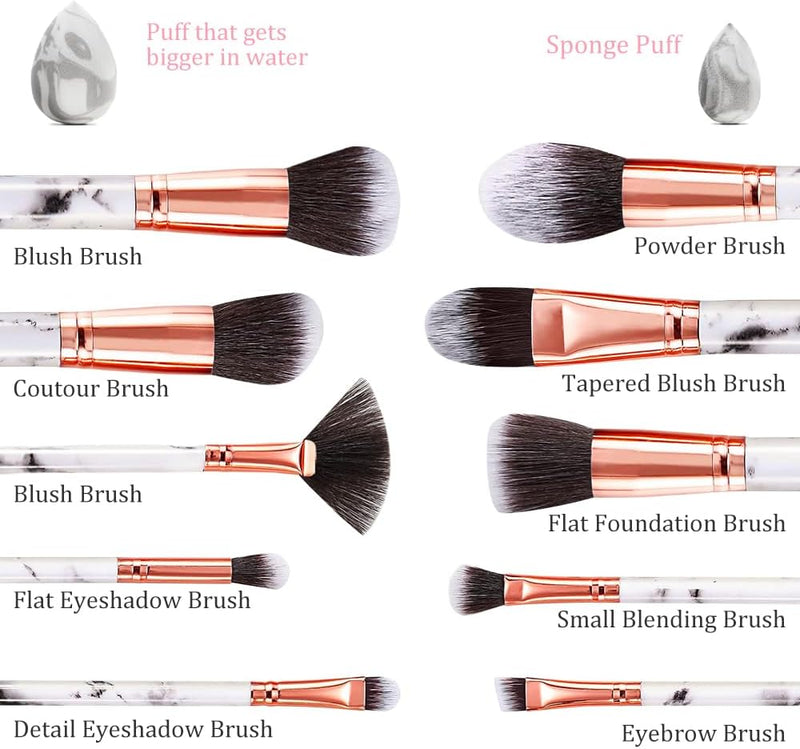 DUAIU 10PCS Marble Makeup Brush Set Blush Foundation Eyeshadow Brushes with 2 Makeup Sponge,White
