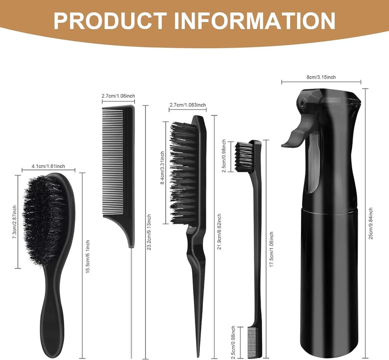 DUAIU 5PCS Slick Back Hair Brush Set,Boar Bristle & Edge Styling Brushes with 300ml Spray Bottle, for Men Women