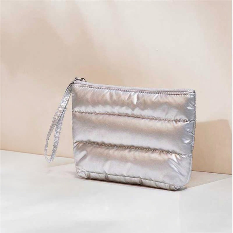 DUAIU Puffy Quilted Makeup Bag - Large Capacity Travel Cosmetic Organizer with Checkered Design, Cute Aesthetic Toiletry Pouch for Brushes & Skincare (Silver, Classic Stripes)