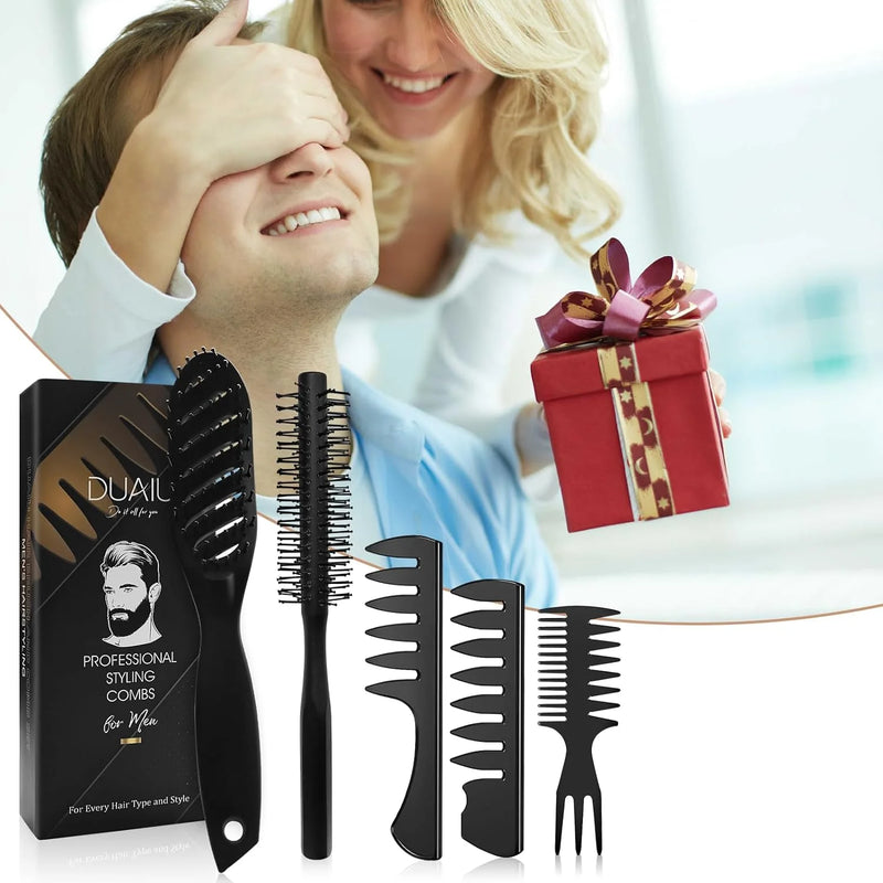 DUAIU 7Pcs Men's Hair Styling Set: Vent Brush, Round Brush, Wide-tooth Comb, Texture Comb for Blow Drying, Detangling, Grooming, and Hairdressing, Gift for Men