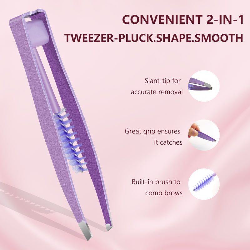 7-Piece Women's Eyebrow Razor Set - 4 Long & 2 Short Eyebrow Razors and Tweezers | Dermaplaning Tool for Face & Eyebrows | Peach Fuzz & Facial Hair Removal | High Precision Blades (Purple)