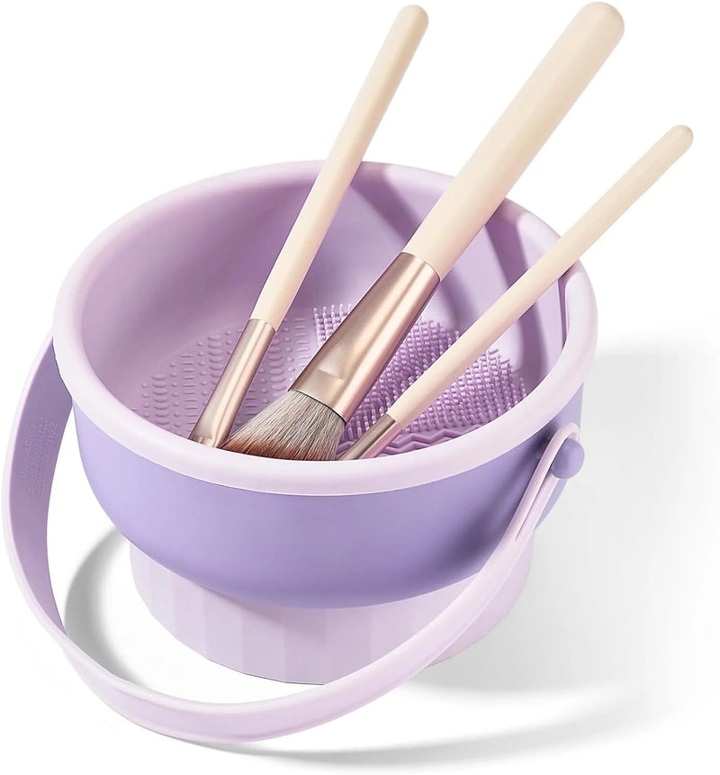HEYMKGO Makeup Brush Cleaner Mat 3 in 1 Silicone Makeup Brush Cleaner Bowl Cosmetic Brushes Cleaning Tool Organizer for Storage and Air Dry (Purple)