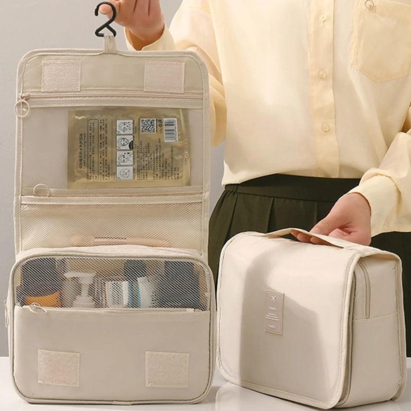 HEYMKGO Hanging Travel Toiletry Bag, Makeup Cosmetic Bag, Bathroom Shower Bag Waterproof, Beige