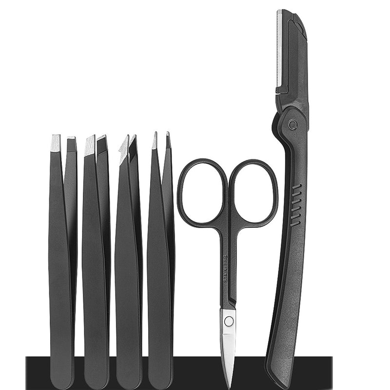 DUAIU 7 PCS Professional Tweezers Set - Stainless Steel Precision Tweezer Kit for Eyebrows, Facial Hair, Ingrown Hair & Splinter Removal with Travel Case (Black)