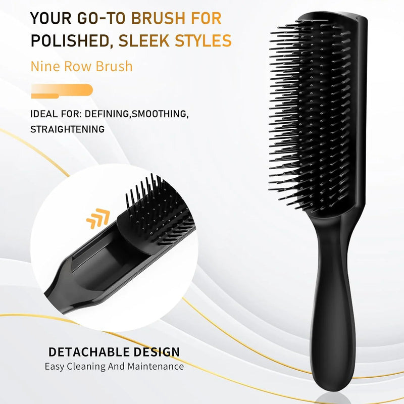 DUAIU 5-Piece Hair Brush Set - Paddle Brush, Round Quiff & Wide Tooth Combs for Men/Women | Wet/Dry Use on Curly/Thick/Thin Hair | No-Tangle Styling Tools (Includes Rat Tail Comb)