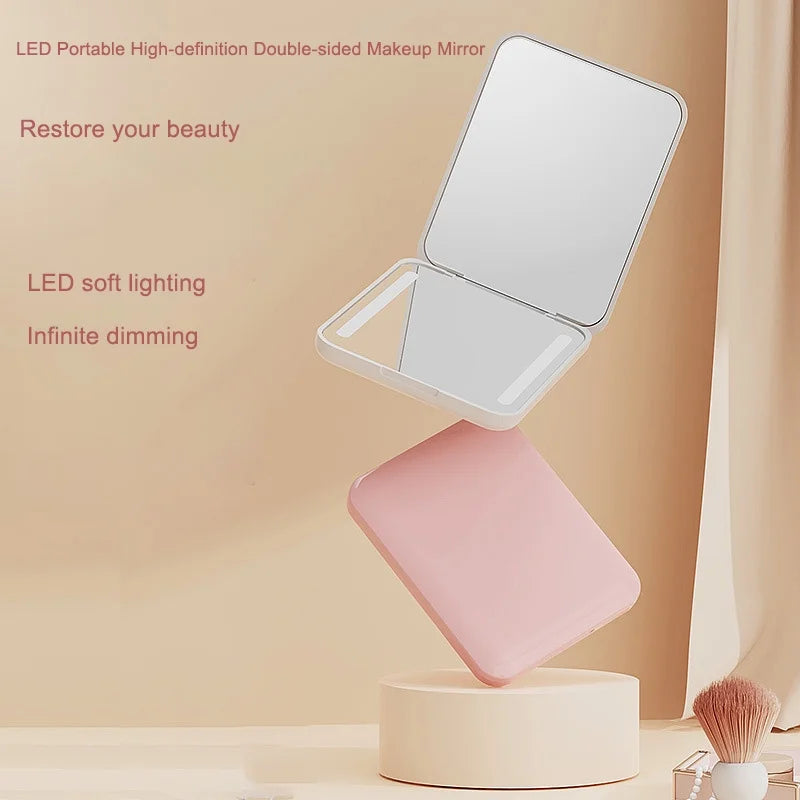 DUAIU Portable Pocket Mirror,2X Magnification LED Compact Travel Makeup Mirror with Light, 2-Sided, Portable, Folding, Handheld, Small Lighted Mirror for Gift,Pink